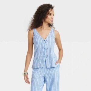 A New Day Women's 3X Blue Linen Striped Sleeveless V-Neck Bow Tie Front Tank Top